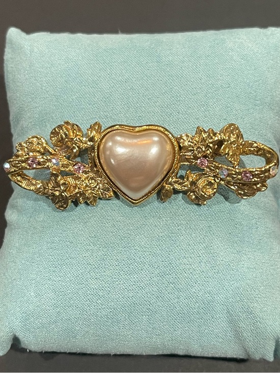 1928 Jewelry - 1928 Gold-Tone Heart Pearl Floral Brooch with Pink Accents